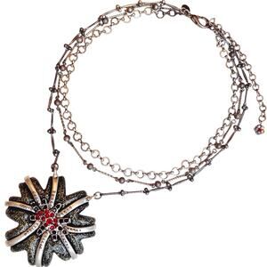 Y2K Signed Chico’s Mixed Metal Starburst Pendant Necklace Red Black Rhinestones